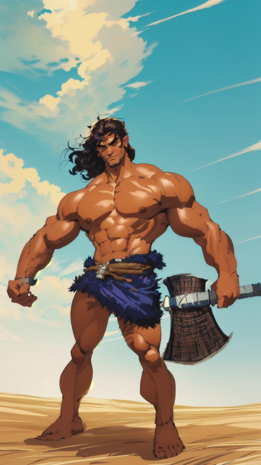 masterpiece, best quality, (extremely detailed CG unity 8k wallpaper), (best quality), (best illustration), (best shadow), absurdres, realistic lighting, (Abyss), beautiful detailed glow, a drawing of a man in a kilt holding a bag, conan the barbarian illustration, barbarian, male barbarian, barbarian celebrate his birthday, style of frank miller, frank miller style, by Frank Miller, frank frazetta manga style, frank frazetta style, tanned barbarian warrior, strongman, picture of an adult male warrior, fur-clad barbarian goliath holding a stone ax with leather wrapped handle, muscular character. summer day, blue sky, grass field
