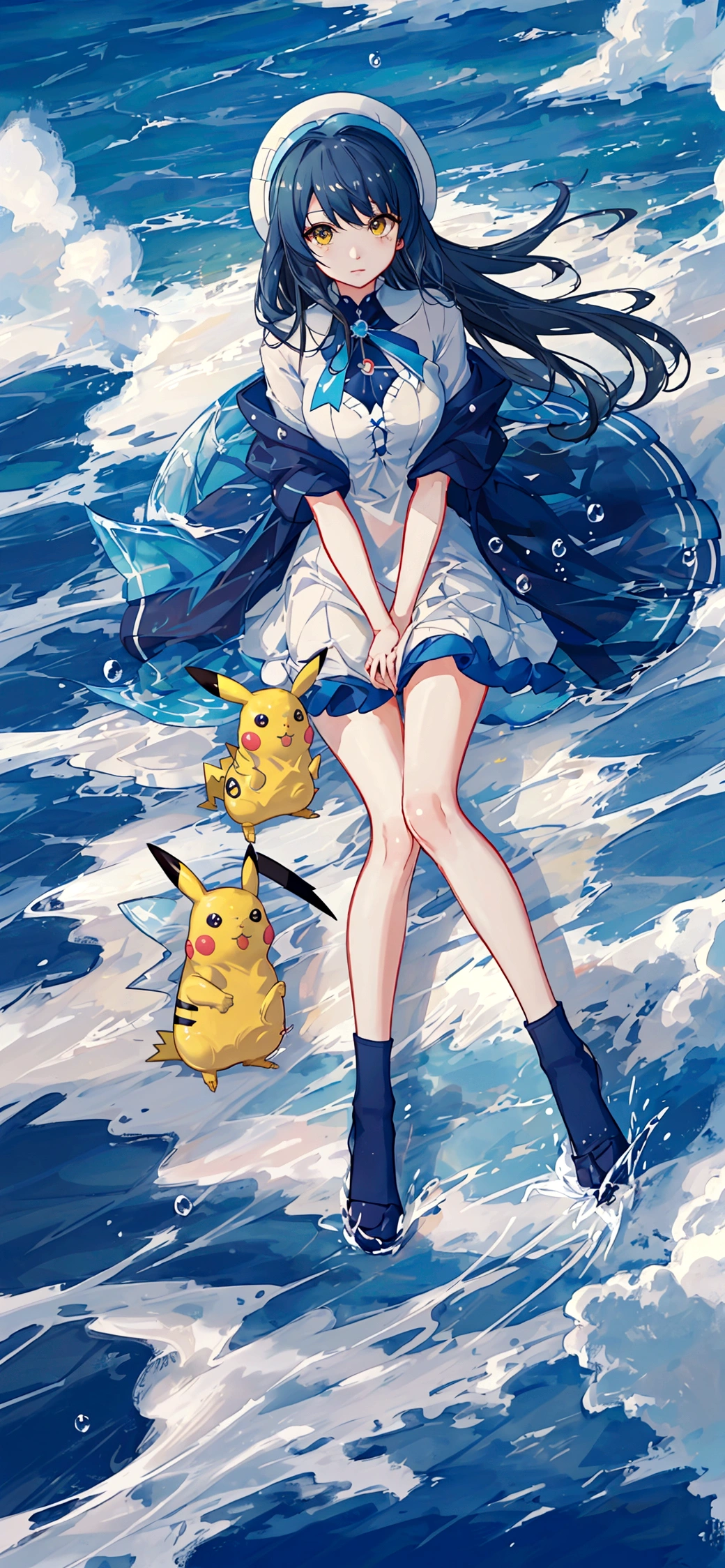 ((masterpiece, Highest quality)),Ocean、Pokémon、波乗りPikachu、壮大なOcean、Shining horizon、look up、Fisheye Lens、Shadows of light and darkness、Sparkling Sky、Swirling waves、water droplets、Pikachu、The light shines through、Water splashes、サーフィンをするPikachu、Oceanが踊る、Waves Breaking、