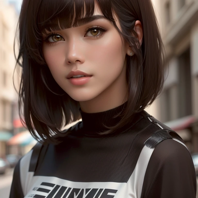 un primer plano de una mujer con una camisa marrón y un top marrón, brown hair with bangs, cindy avelino, flequillo negro, short brown hair with bangs, cabello negro y flequillo, pelo hasta la barbilla, flequillo con raya al centro, corte de pelo con flequillo lateral, medium long bob, con pelo corto, Corte de pelo negro Bob, con un corte bob, pelo corto negro