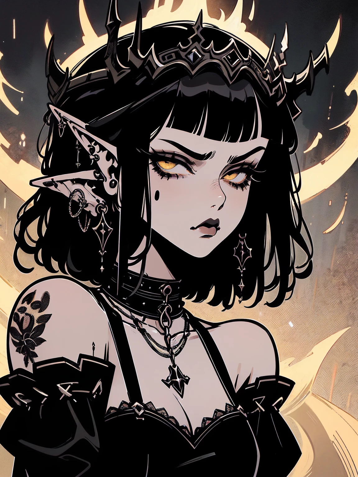 high détail, work of art, dramatic lighting(absurderes, high resolution, ultra detaild), extremely detailed 8k CG unit. mature face, adult Woman, Woman, mature Woman, elf, piercings, Short Wavy Black Hair and Bangs, (black hair), yellow eyes, modest black clothes, mad expression, angry, whole body.