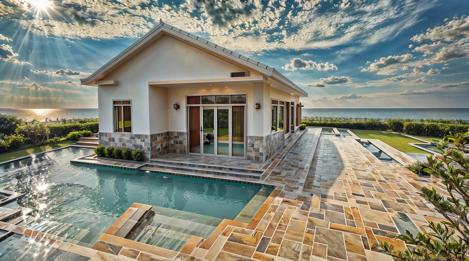 Neoclassical style bungalow design, daylight, sharp image, 1.2 faux tile roof, luxurious, simple