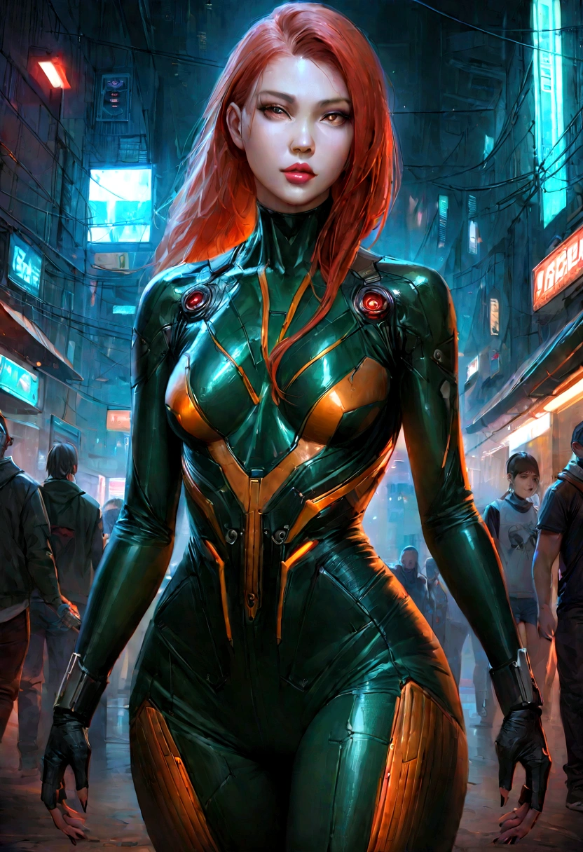 Animatrix style, ultra-realistic, cyberpunk, science fiction, character, feminine, ultra textured, perfect face. A beautiful red-haired mechanic has mutant powers, she is powerful and walks empowered in the middle of a mutant suburb. Her clothing has dark red, dark green and dark yellow colors.