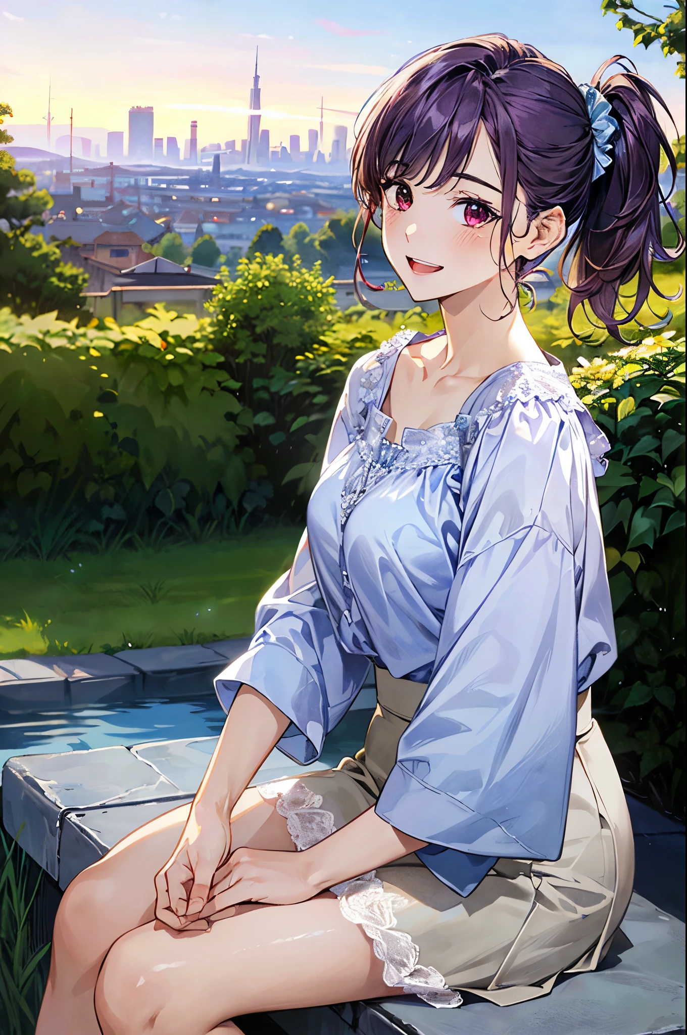(masterpiece:1.2, Highest quality), (Realistic, photoRealistic:1.4), Beautiful illustrations, (Natural Side Lighting, Cinema Lighting),
View your viewers, 1 Girl, Japanese, 15 years old, Perfect Face, (Perfect Anatomy), Cute and symmetrical face, Shiny skin, thin,
(short hair, Side Ponytail, Purple Hair), Asymmetrical bangs, Dark red eyes, Droopy eyes, Big eyes, Long eyelashes, (Medium chest),
Beautiful Hair, Beautiful Face, Beautiful attention to detail, Beautiful clavicle, Beautiful body, Beautiful breasts, Beautiful thighs, Beautiful feet,
((Light Blue Blouse, Light purple tulle skirt)), Pink hair scrunchie,
(Beautiful views), Depth of written boundary, evening, (garden, distant cityscape), (Smile, Open your mouth),