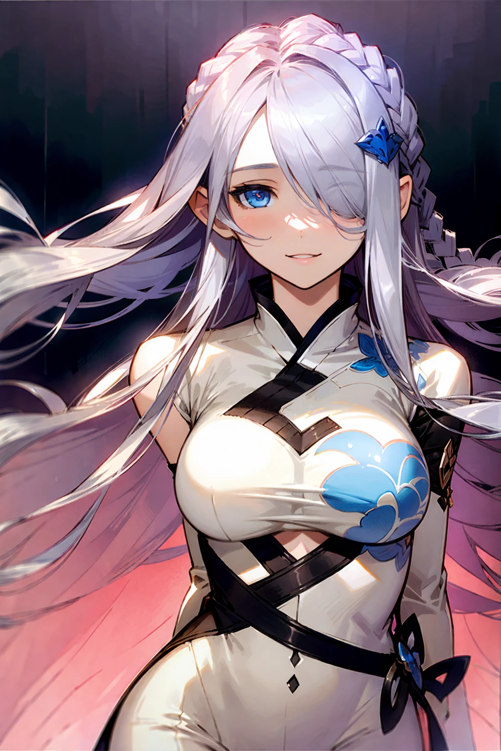 (((1 woman))), ((detailed blue eyes)), ((long silver hair)), large breasts, perfectly drawn body, seductive smile, white pajamas, best quality, masterpiece, ultra-detailed