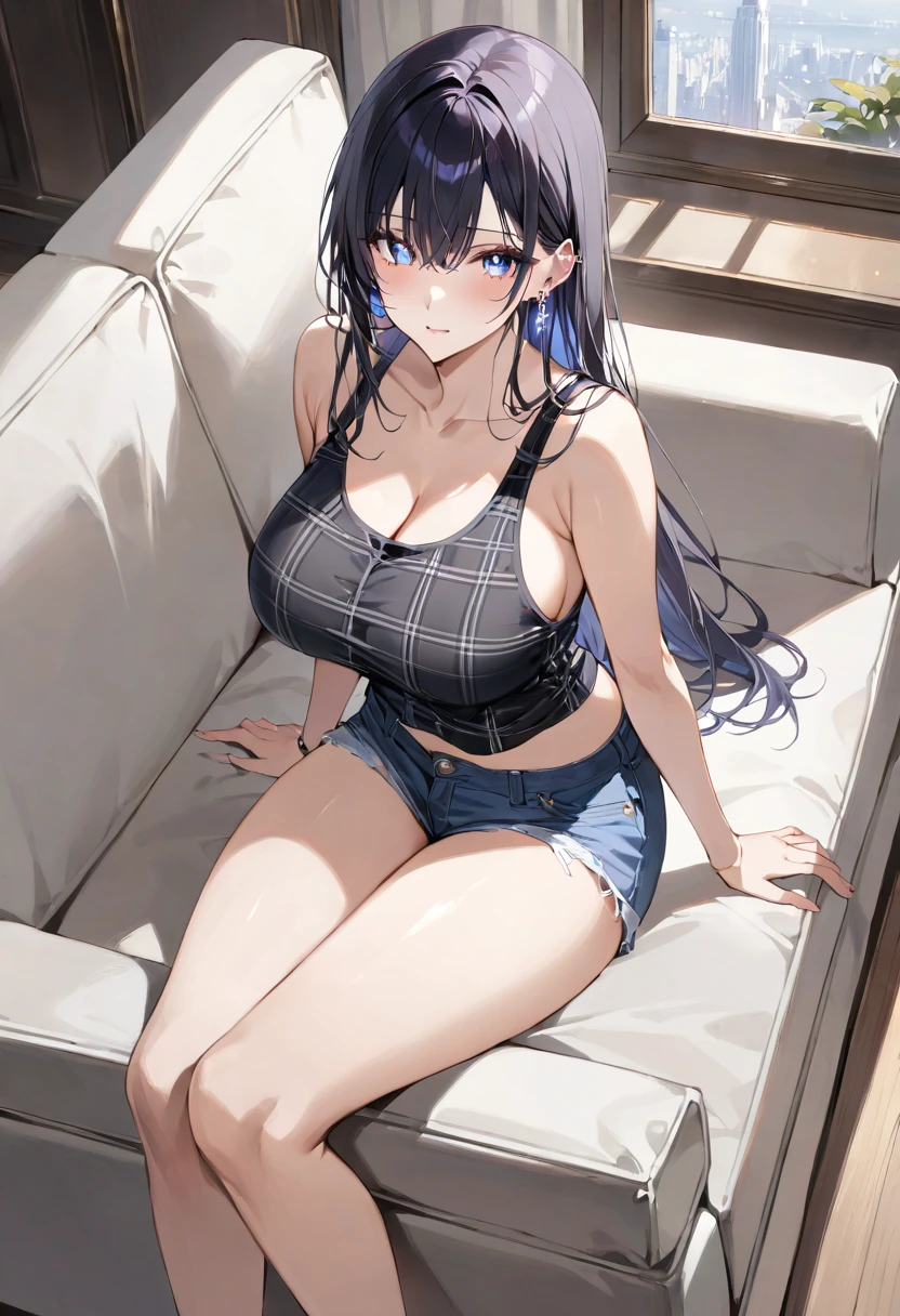 masterpiece, best quality, ultra detailed, detailed eyes, ((Sparkling eyes)), large breasts, 1girl, long black hair, blue eyes, unkind face, very detail face, Wearing a black plaid shirt inside a white tank top, blue short jeans shredded, white shoes, left ear earring, full body, sitting on the sofa,