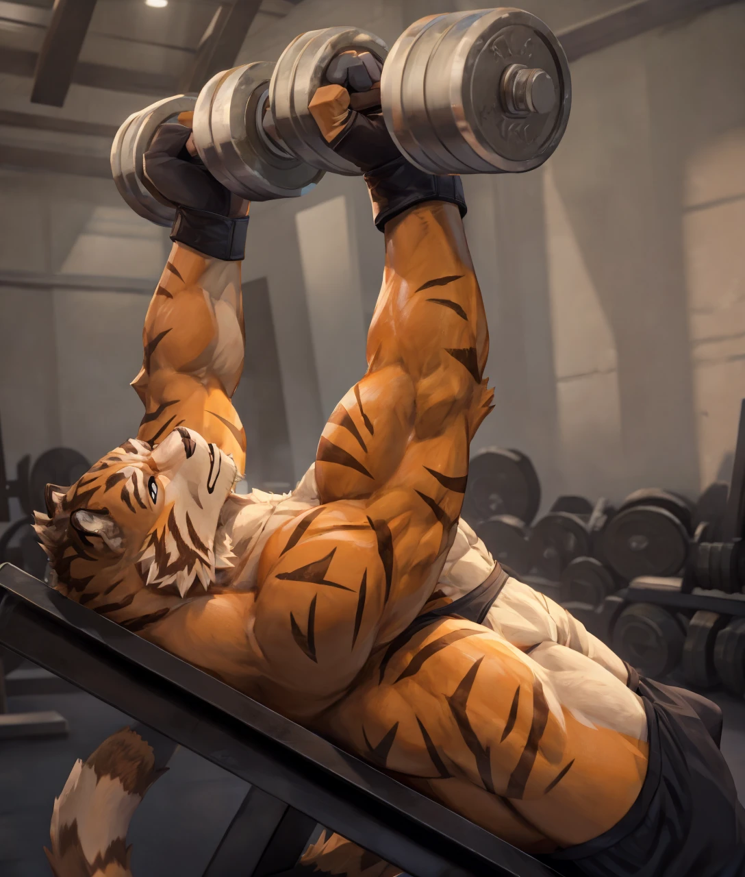 a white tiger mercenary in a gym, shirtless and topless, black gym shorts, fingerless gloves, gym shoes, dumbbell bench presses, muscular, dynamic pose, intricate details, cinematic lighting, photorealistic, 4k, high resolution, best quality, masterpiece