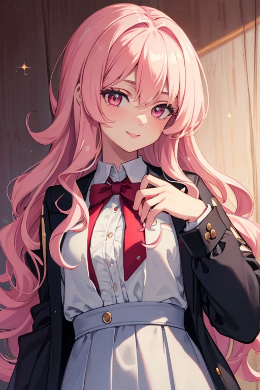 masterpiece, top-quality, (extremely detailed CG unified 8k wallpaper) (top-quality), (The best illustrations), (best shade), Dynamic Dynamo, a 15-year-old prodigy, white skin, pastel pink hair, long wavy and bangs, big pink eyes with natural-looking lashes, a delicate tear at the corner, a buttoned nose, pompous lips that curl into a small shy and innocent smile, featuring a distinctive mole shaped like a glitter in her left eye, adorned in the iconic UA uniform with a gray jacket and a bold red tie, captured in an overall shot, against the backdrop