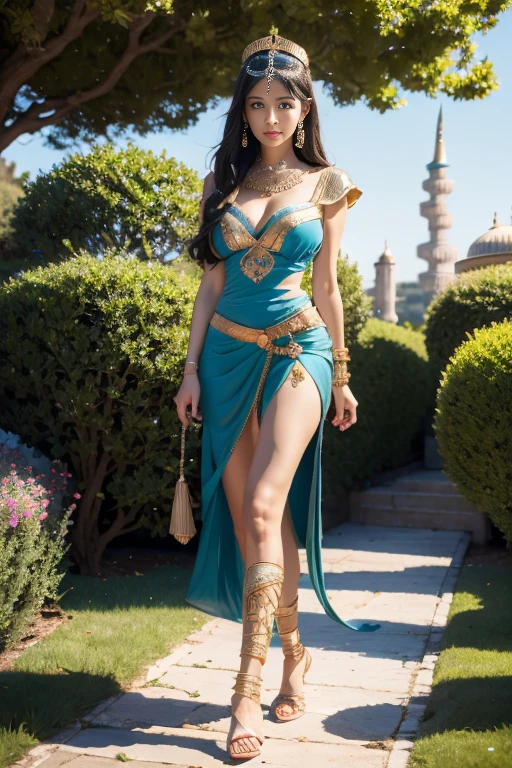 The Beauty of Cleopatra: Create an image of Cleopatra, her enchanting beauty radiating an irresistible allure as she gracefully strolls through the opulent palace gardens. With every step, she leaves a trail of mesmerized gazes in her wake. Masters of the arts, stirred by her allure, have immortalized her image as the epitome of timeless beauty. Realistic – Realistic, with each visage subtly reflecting the essence of Cleopatra's captivating presence. Beautiful – Beautiful in every detail, with a 4K image quality showcasing her distinct features. Detailed – Ext, (((backgraund ıstanbul blue mosquite place))).