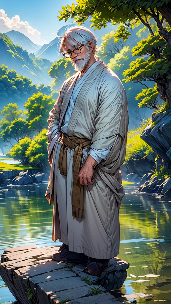 Create a high-quality anime-style image featuring an elderly man standing on a rocky cliff by the sea. The man has white hair, a beard, and is wearing round glasses. He is dressed in a white shirt, beige pants rolled up at the ankles, and white sneakers. His posture is relaxed, with his hands in his pockets, gazing thoughtfully into the distance.
The background consists of a clear blue sky filled with fluffy, white clouds. Below the cliff, there is a calm sea with boats and a small coastal village nestled at the foot of green, mountainous terrain. The scene captures a peaceful, reflective moment, with vibrant colors and detailed shading to emphasize the tranquil and contemplative atmosphere.