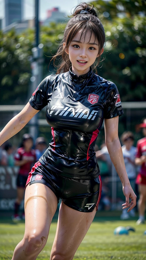 Highest quality, High resolution:1.2, Very detailed, Realistic:1.3, ((Beautiful woman))、((Super tight uniform))、((Super big breasts))、(The abdomen is visible)、Vibrant colors, play soccer,((Blunt bangs))、Various Hair Styles、Different hair colors、With bangs、Wet Hair, concentrate, splash, Action Shots, Grass blotches, Muddy ground, Wet turf, decide, Fast-paced games, Athletic physique, Shiny soccer ball, Wet Uniform, raindrop, Blurred motion, ボールにconcentrateする, Intense competition, Skillful dribbling, Energetic play, Teamwork, powerful shoots, Wet pitch, Passionate sports, Fierce decide, Humid atmosphere, Fluid movement, emotional expression、Dramatic lighting, Women's Sports, Avid athletes, Exciting Games, Endure, Excited state, Speed and agility, Energetic play, 濡れたsplash、smile、Red Uniform