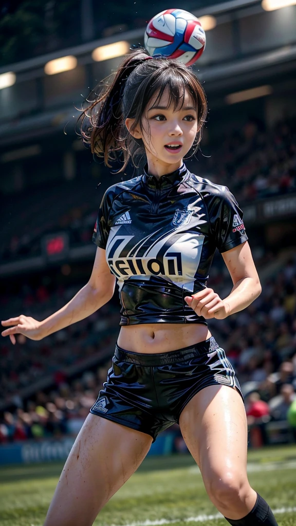 Highest quality, High resolution:1.2, Very detailed, Realistic:1.3, ((Beautiful woman))、((Super tight uniform))、((Super big breasts))、(The abdomen is visible)、Vibrant colors, play soccer,((Blunt bangs))、Various Hair Styles、Different hair colors、With bangs、Wet Hair, concentrate, splash, Action Shots, Grass blotches, Muddy ground, Wet turf, decide, Fast-paced games, Athletic physique, Shiny soccer ball, Wet Uniform, raindrop, Blurred motion, ボールにconcentrateする, Intense competition, Skillful dribbling, Energetic play, Teamwork, powerful shoots, Wet pitch, Passionate sports, Fierce decide, Humid atmosphere, Fluid movement, emotional expression、Dramatic lighting, Women's Sports, Avid athletes, Exciting Games, Endure, Excited state, Speed and agility, Energetic play, 濡れたsplash、smile、Red Uniform
