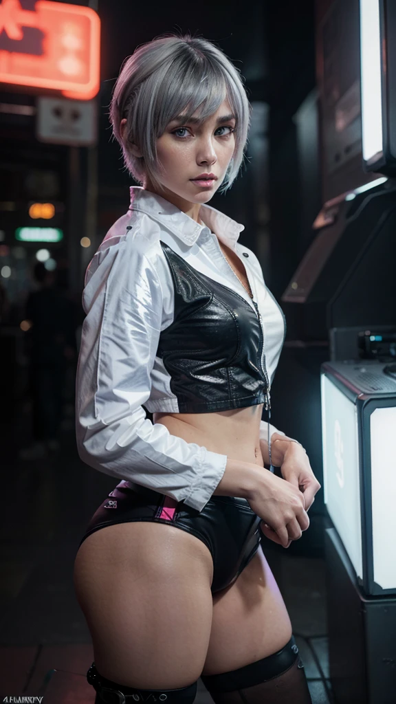 (ultrarealistic, high resolution cyberpunk, Best Quality, 4k, professional, cowboy shot), an image of a full character in a neon lit area, beauty eyes, sharp eyes. Your Asymmetrical Pixie Hairstyle, silver hair, short hair, And the left-facing bangs with red highlights make her stand out... in the fluorescent white jacket, fluorescent white short shirt and black shorts, Chinapunk, cryptic academy, album covers, urban landscape, light purple and white, Right now