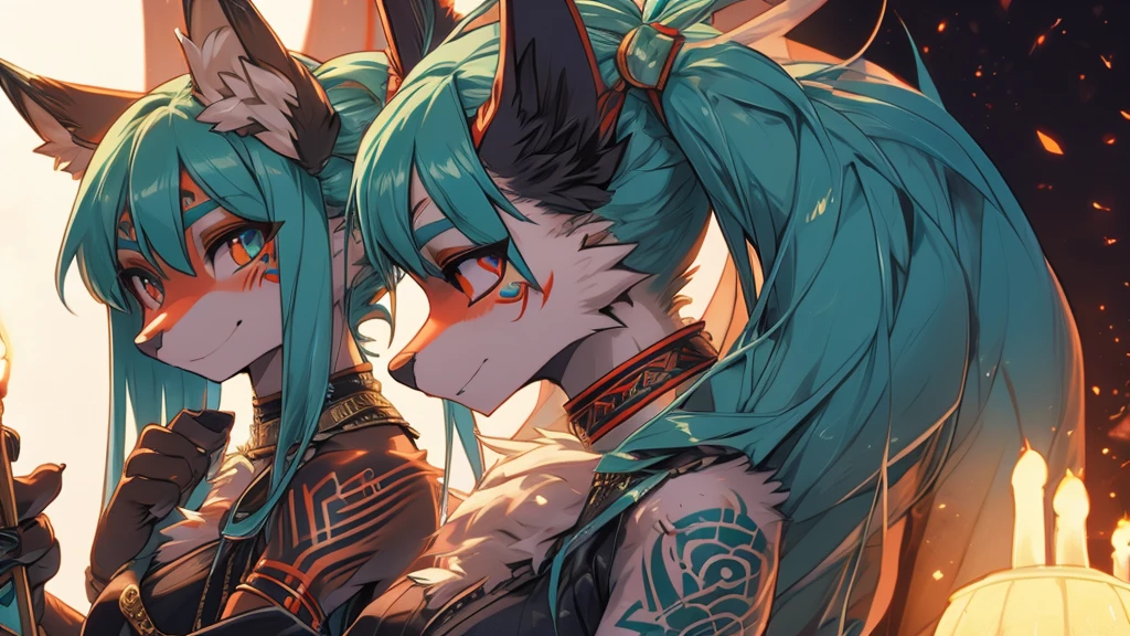 Miku Hatsune, add high definition_detail:1, blue fur,kitsune ears, tribal tattoo add_detail:1