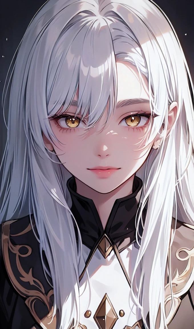 1girl, portrait, solo,lips, female focus, yellow eyes, looking at viewer, white hair, long hair, closed mouth, smile