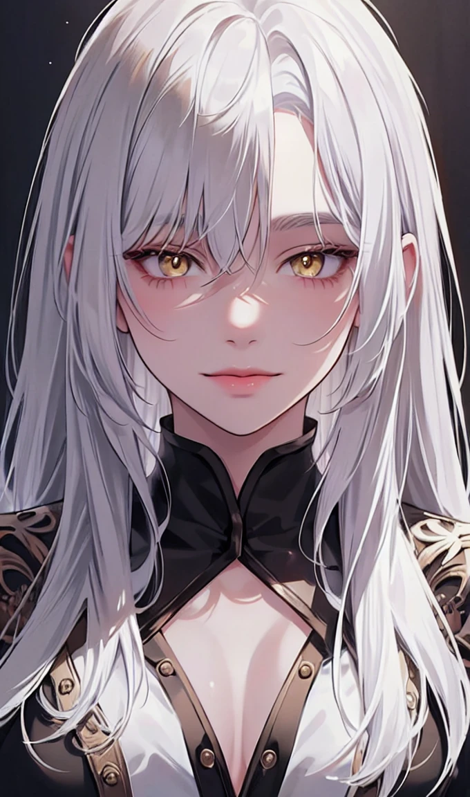 1girl, portrait, solo,lips, female focus, yellow eyes, looking at viewer, white hair, long hair, closed mouth, smile