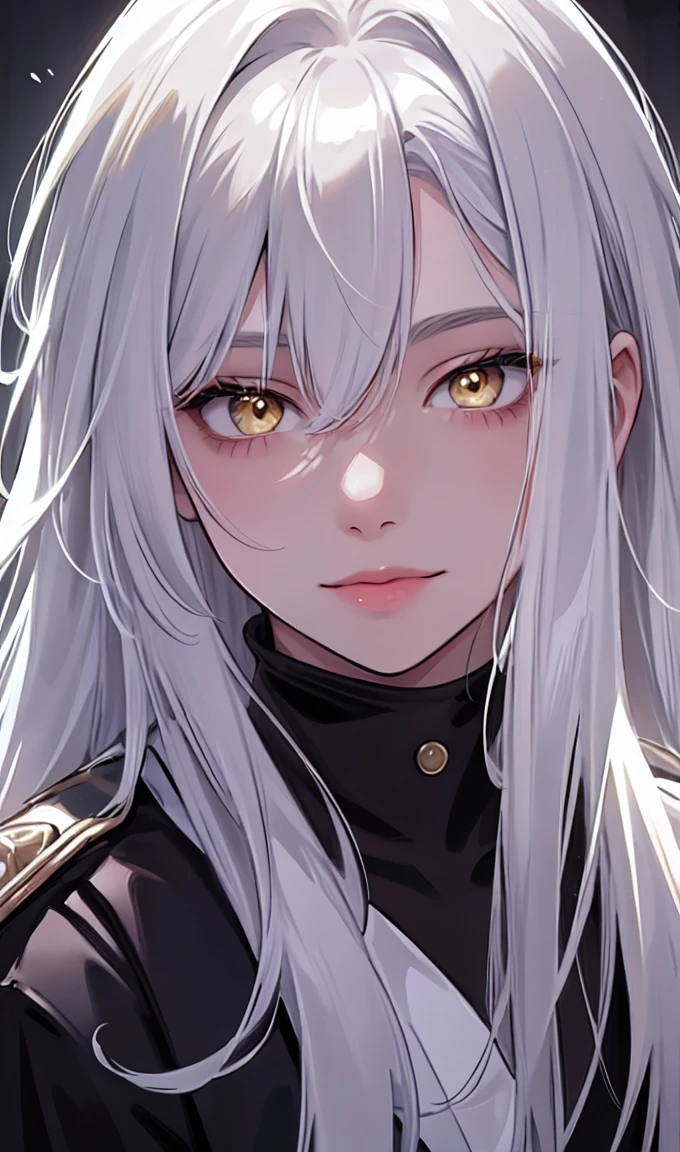 1girl, portrait, solo,lips, female focus, yellow eyes, looking at viewer, white hair, long hair, closed mouth, smile