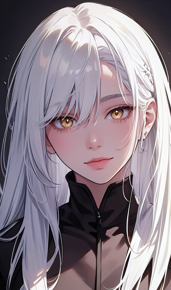 1girl, portrait, solo,lips, female focus, yellow eyes, looking at viewer, white hair, long hair, closed mouth, smile
