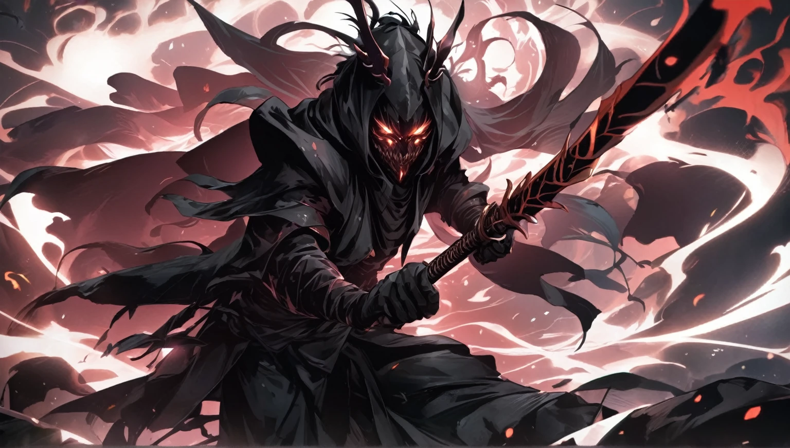 demon mask, sword on the hand,close up, black heavy detailed clothes, hand katana, art, dark and malevolent, hand sword, armor, powerful and intimidating, (masterpiece, best quality, ultra-detailed, best shadow), (detailed background, dark fantasy) dramatic light, intricate details, dark and malevolent, powerful and intimidating, Dark and foreboding, malevolent force, sinister and chilling, armor, high detailed background, girl in demon slayer art, demon slayer art style, epic anime art, God death