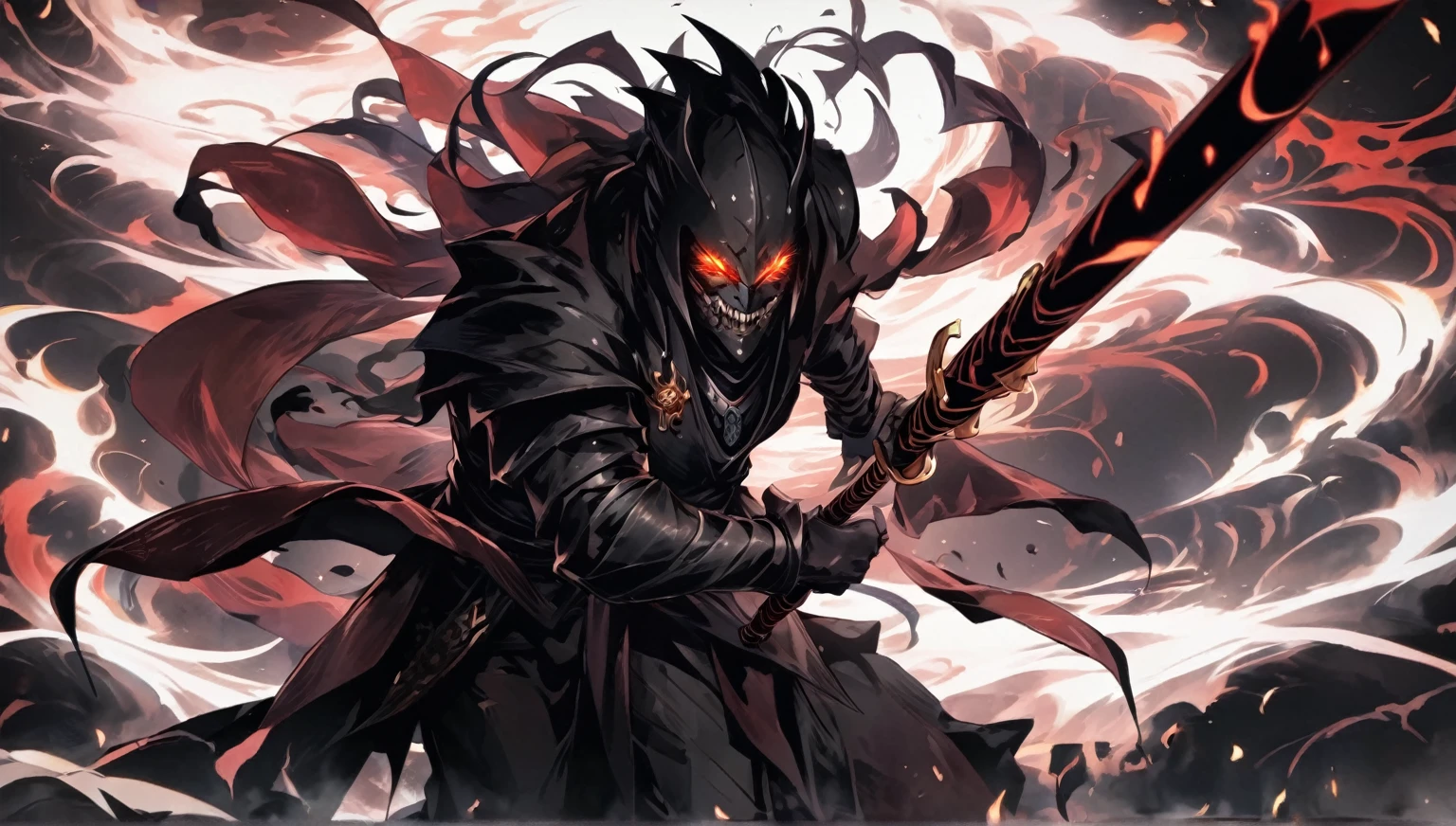 demon mask, sword on the hand,close up, black heavy detailed clothes, hand katana, art, dark and malevolent, hand sword, armor, powerful and intimidating, (masterpiece, best quality, ultra-detailed, best shadow), (detailed background, dark fantasy) dramatic light, intricate details, dark and malevolent, powerful and intimidating, Dark and foreboding, malevolent force, sinister and chilling, armor, high detailed background, girl in demon slayer art, demon slayer art style, epic anime art, God death