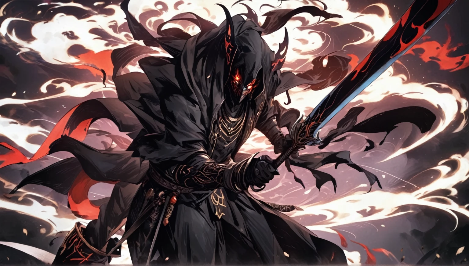 demon mask, sword on the hand,close up, black heavy detailed clothes, hand katana, art, dark and malevolent, hand sword, armor, powerful and intimidating, (masterpiece, best quality, ultra-detailed, best shadow), (detailed background, dark fantasy) dramatic light, intricate details, dark and malevolent, powerful and intimidating, Dark and foreboding, malevolent force, sinister and chilling, armor, high detailed background, girl in demon slayer art, demon slayer art style, epic anime art, God death