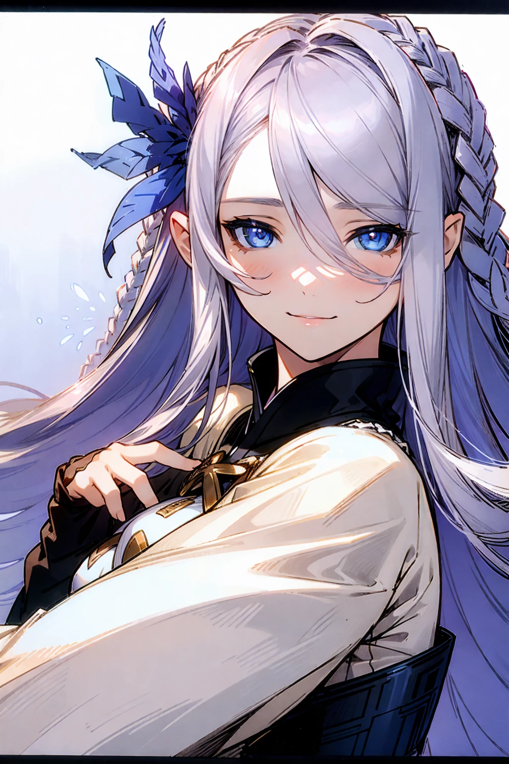(((1 woman))), ((detailed blue eyes)), ((long silver hair)), large breasts, perfectly drawn body, seductive smile, white pajamas, best quality, masterpiece, ultra-detailed
