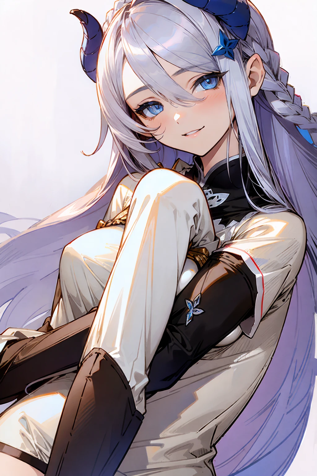 (((1 woman))), ((detailed blue eyes)), ((long silver hair)), large breasts, perfectly drawn body, seductive smile, white pajamas, best quality, masterpiece, ultra-detailed