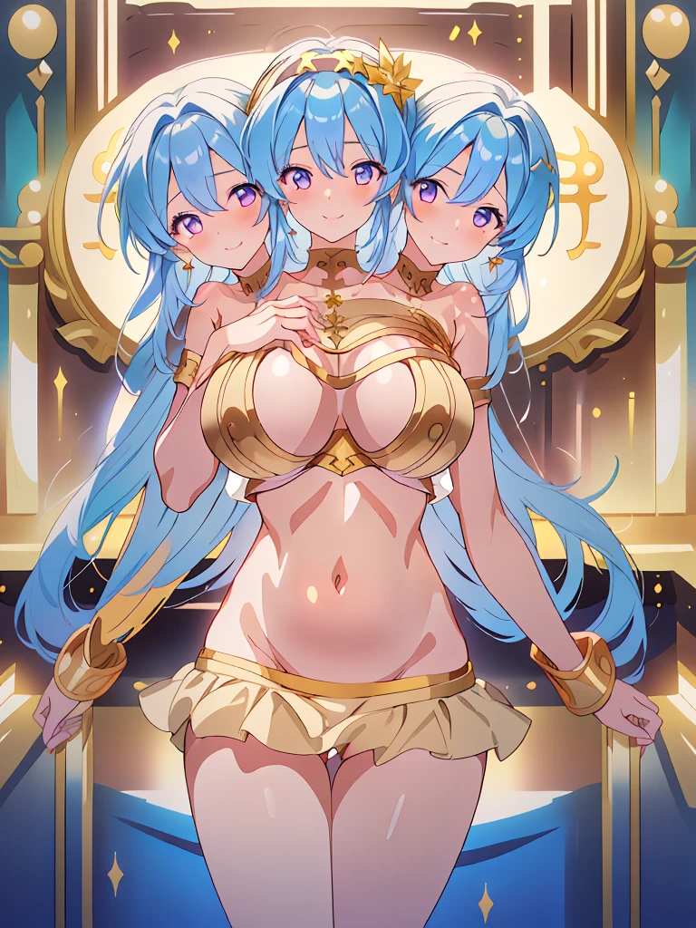 (masterpiece, best quality), best resolution, (3heads:1.5), 1girl, dark blue hair, flowing hair, smiling, soft smile, open belly, gold-red crop top, white miniskirt, open breasts, huge tits, sexy pose, beautiful eyes, headband, gold eyes, alluring presence, beautiful eyes, detailed eyes,
