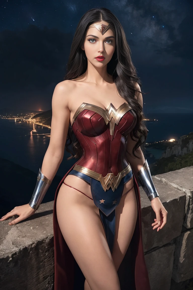 full body beautiful sexy sensual nun superheroine Wonder Woman black long hair, enchanting big blue eyes, white skin, red lips, slim muscular aristocratic body, big round breasts, long thighs, thin waist, standing on top of a cliff and looking into the distance at night in the moonlight