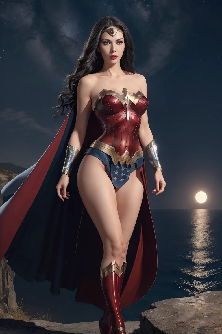 full body beautiful sexy sensual nun superheroine Wonder Woman black long hair, enchanting big blue eyes, white skin, red lips, slim muscular aristocratic body, big round breasts, long thighs, thin waist, standing on top of a cliff and looking into the distance at night in the moonlight