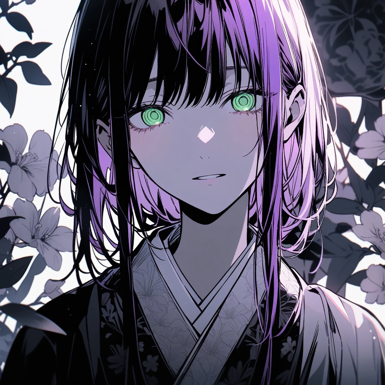 Beautiful anime portrait,Black and gray monochrome，Oriental Wallpaper，Pink，Purple Hair，Feeling，very anime style，1girl, Cuts \(chainsaw man\), chainsaw man，Flowers，Close-up，Soft Light，Rich in details，The expression is firm，Kimono decoration，Background blur，Vivid colors，情Feeling深沉，front，Green eyes，Black neckband