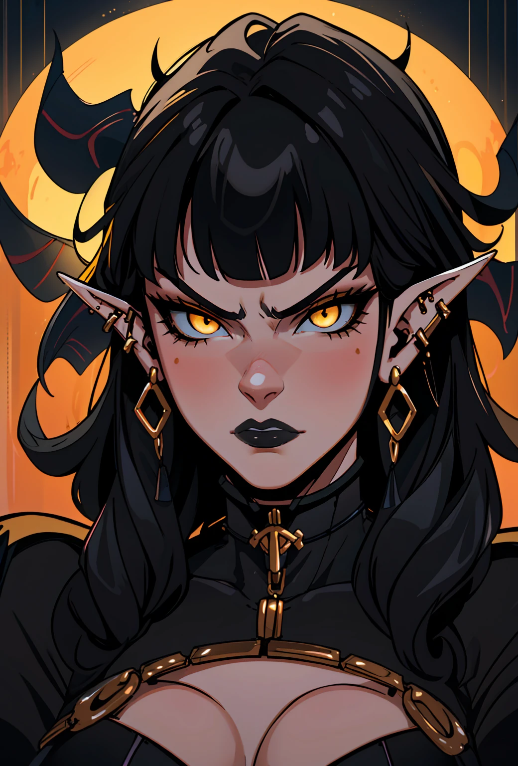 high détail, work of art, dramatic lighting(absurderes, high resolution, ultra detaild), extremely detailed 8k CG unit. mature face, adult Woman, Woman, mature Woman, elf, piercings, Short Wavy Black Hair and Bangs, (black hair), yellow eyes, modest black clothes, mad expression, angry, whole body.