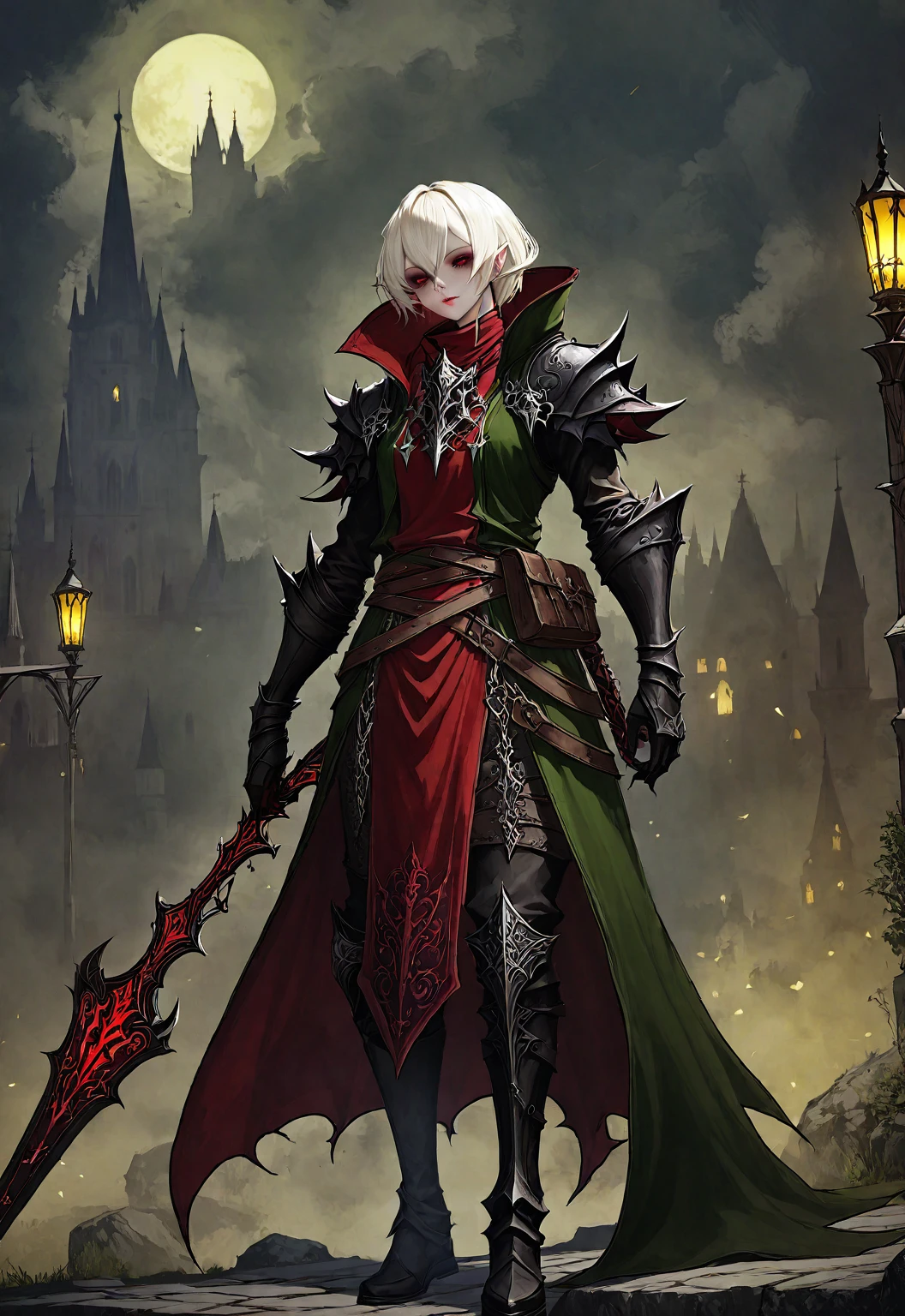 A demon hunter,Medieval European fantasy style。Black and White、yellowish、Dark red main color。