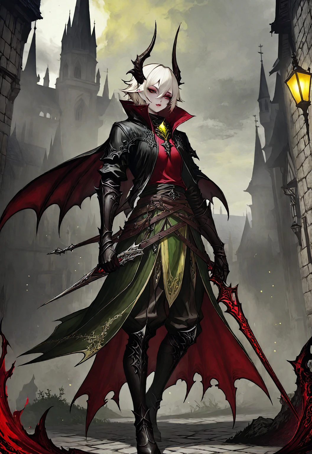 A demon hunter,Medieval European fantasy style。Black and White、yellowish、Dark red main color。