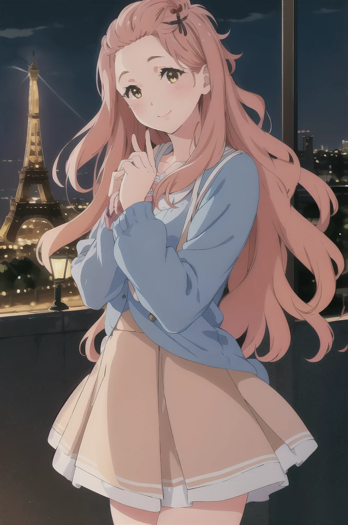 masterpiece, Highest quality ,Beautiful Hands,Very delicate finger smooth light,Highly detailed background 1 girl,Medium chest, smile, blush,mini skirt,stockings,Hair Ribbon, jewelry, Take off,Outdoor,Paris,Eiffel Tower, night,