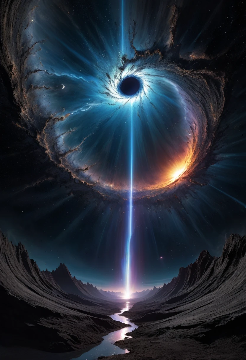 Colossal Dimensional Fissure in the heavens, resembling black holes but formed in a dark shape like crack, intricate, realism, François Baranger-style art. Cosmicism evident in the images.
