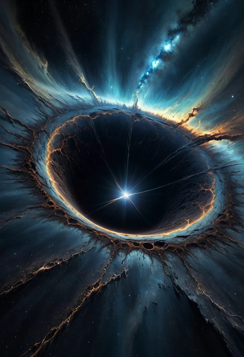 Colossal Dimensional Fissure in the heavens, resembling black holes but formed in a dark shape like crack, intricate, realism, François Baranger-style art. Cosmicism evident in the images.
