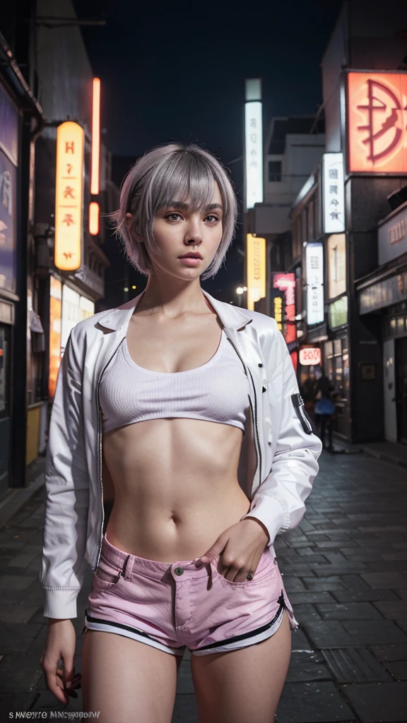 (ultrarealistic, high resolution, Best Quality, 4k, professional, cowboy shot), an image of a full character in a neon lit area, beauty eyes, sharp eyes. Your Asymmetrical Pixie Hairstyle, silver hair, short hair, And the left-facing bangs with red highlights make her stand out... in the fluorescent white jacket, fluorescent white short shirt and black shorts, Chinapunk, cryptic academy, album covers, urban landscape, light purple and white, Right now. cheered up
