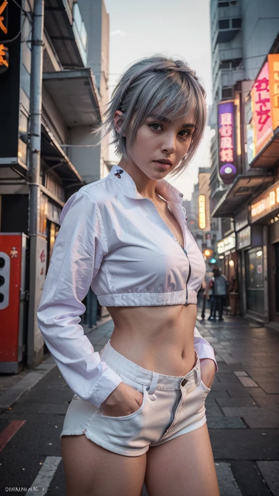 (ultrarealistic, high resolution, Best Quality, 4k, professional, cowboy shot), an image of a full character in a neon lit area, beauty eyes, sharp eyes. Your Asymmetrical Pixie Hairstyle, silver hair, short hair, And the left-facing bangs with red highlights make her stand out... in the fluorescent white jacket, fluorescent white short shirt and black shorts, Chinapunk, cryptic academy, album covers, urban landscape, light purple and white, Right now. cheered up