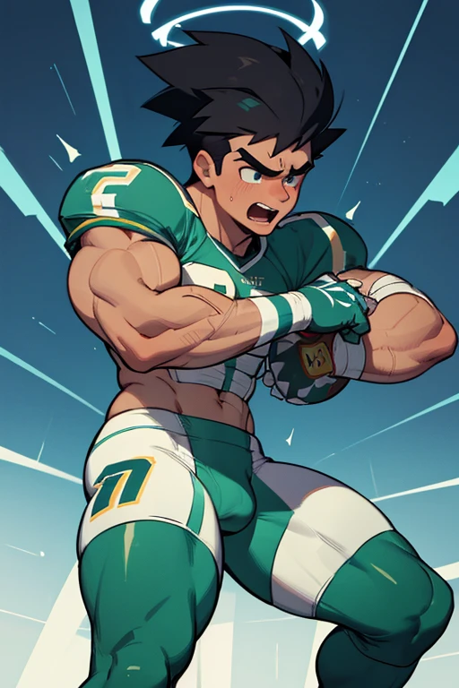 Danny Phantom, ghost, hypnosis, jock, conversion, locker room, hyper muscles, jockstrap, bro, meathead, hypnotized, brainwashed, brainwashing, big dumb jock, football. Danny Fenton is hypnotized by Dash to become another dumb football jock bro. Glowing green eyes. Hyper crotch bulge. Massive bulging crotch. Big balls. Big biceps. Big triceps. Big traps. Broad shoulders. Big meaty pecs. Big thighs. Thick glutes. Football team assimilation. Black hair. "Me? On the football team? With DASH? Are you crazy?! I would–! I would—! I ... I ... WOULD LOVE TO, BRO. Why didn't you ask me sooner...? Jocks ... should stick ... together.... But I ... I'm a ... jock...? ... Yeah, ... just a big ... dumb jock. Huhuhuhuh...." Deep dull voice. glazed expression. dumber and dumber. Open mouth. Clothes turning into a football uniform. Dash sneering.