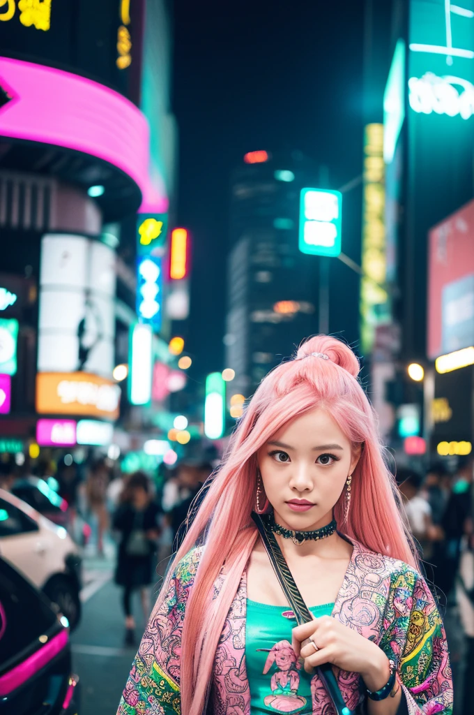 (Pink Hair :1.3),masterpiece, Highest quality, Wear unique Harajuku style clothing,The mint green colour stands out,Bold colors and patterns, Eye-catching accessories, Trendy and innovative hairstyles, Bright makeup, Stunning cyberpunk cityscapes, Skyscraper, Neon Signs, LED Light, Bright and vivid color scheme, anime, shape, Fine skin, High quality fabric, Intricate details, Very detailed,Low - Angle, whole body, vision(avert your eyes:1.4),Dynamic pose、Hand holding a sword、With a sword in hand.