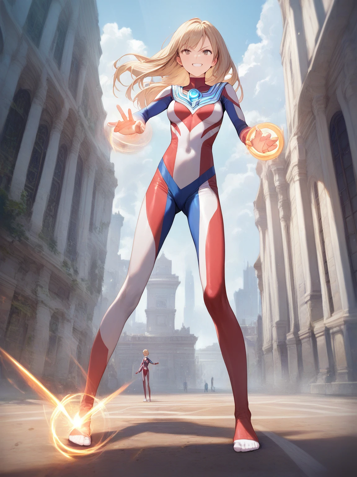 ((Full body photo,standing, feet on the ground))score_9, score_8_up, score_7_up, source_anime, anime artwork, all intricate, extremely detailed wallpaper, best quality, masterpiece,
BREAK
1girl, ultragirl, full body, fighting stance, standing, detailed multicolored bodysuit, grin, detailed background, buildings, dynamic, looking away, energy ball on hand, attacking,
