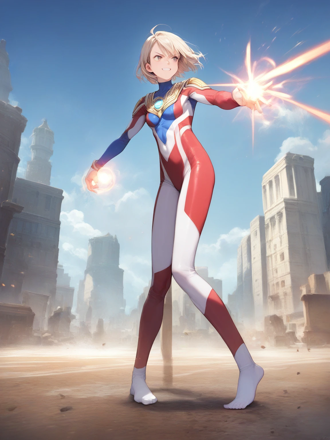 ((Full body photo,standing, feet on the ground))score_9, score_8_up, score_7_up, source_anime, anime artwork, all intricate, extremely detailed wallpaper, best quality, masterpiece,
BREAK
1girl, ultragirl, full body, fighting stance, standing, detailed multicolored bodysuit, grin, detailed background, buildings, dynamic, looking away, energy ball on hand, attacking,
