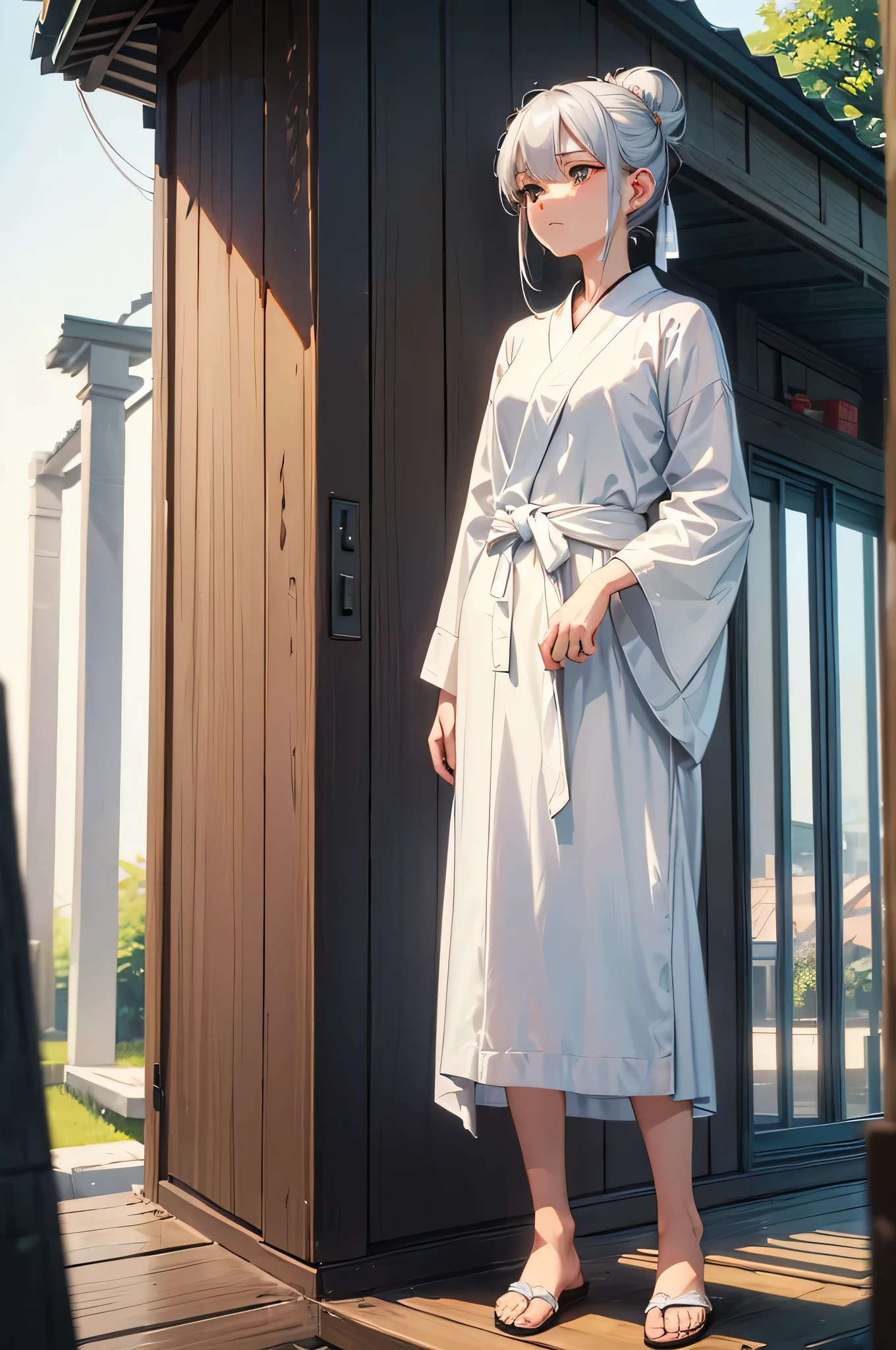 An image of Hana, with silver hair tied in a bun and wearing a simple but elegant robe, standing and listening patiently to the neighbors' arguments with a serene and thoughtful expression, and the tree in the background. (masterpiece, hd, best quality, 2d)