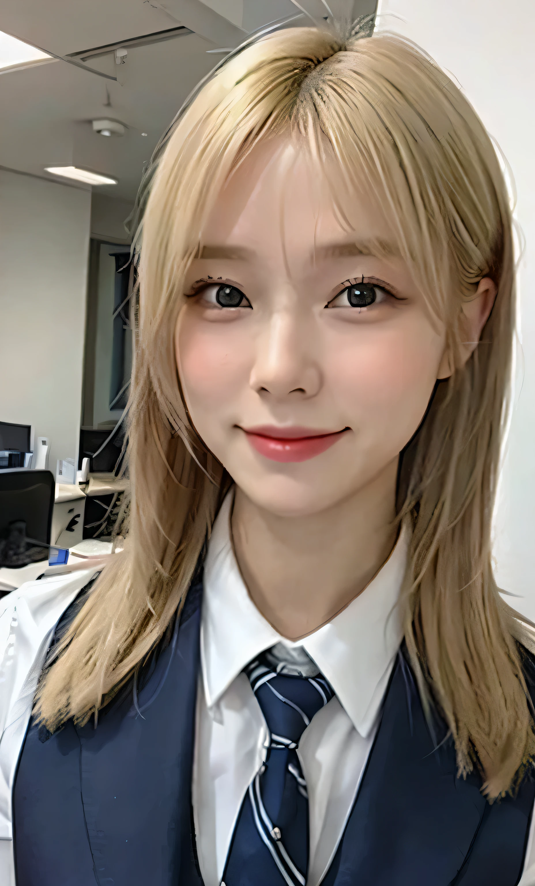 A 20-year-old blonde office worker staring at me、smile