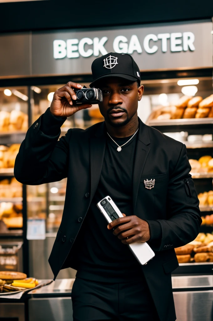 Black gangster taking photo of food