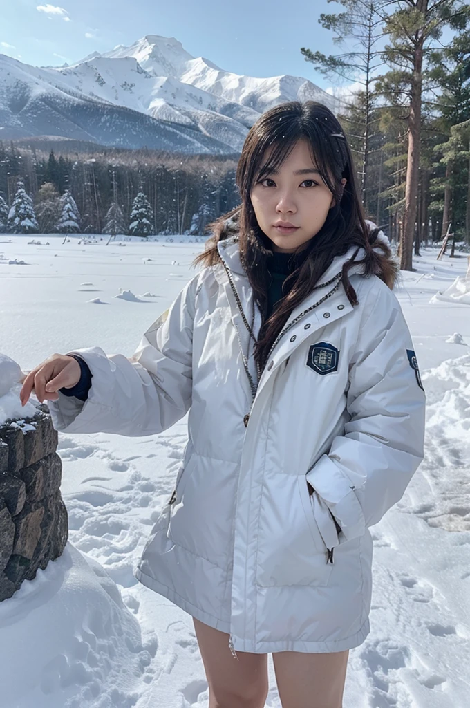 a pregirl, look like takako konishi, misterious vibes, On the snow, snow mountains, ln the forest.