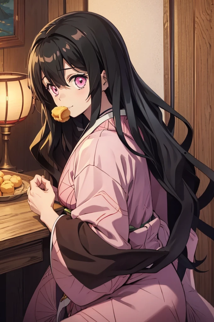 (masterpiece:1.3), (best quality:1.1), (8k, ultra detailed, ultra high res:1.2), ((anime style)), perfect 5 fingers, perfect anatomy,
1girl,
Kamado Nezuko,
BREAK long hair, wavy hair,
black hair,
pink eyes, empty eyes,
ribbon,
small breasts,
BREAK japanese clothes, pink kimono, brown haori, obi,
smile,
looking at viewer,
BREAK upper body, nibble, eating cream puff,
perfect light, indoor, inside, Japanese-style Room,