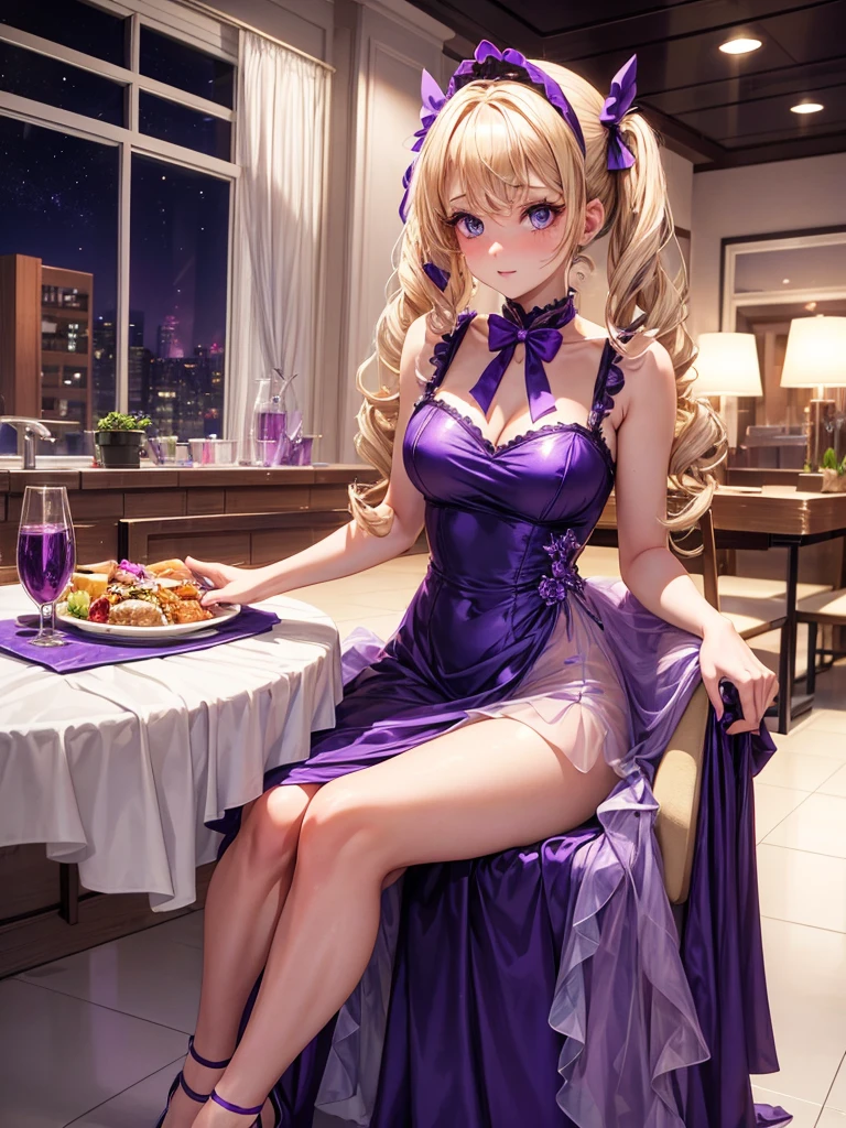 an adult woman, blonde with two pigtails with a purple bow each, purple dress with glitter, short and gala, with an opening in its pirrna, she has blue eyes, is at a late night dinner in a wealthy place