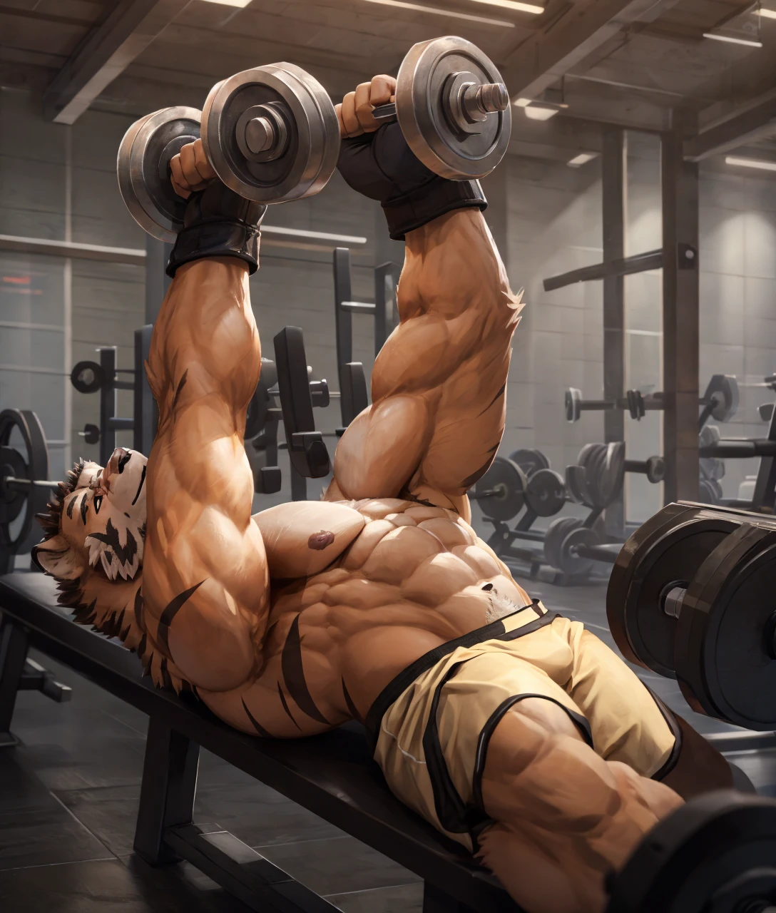 a white tiger mercenary in a gym, shirtless and topless, black gym shorts, fingerless gloves, gym shoes, dumbbell bench presses, muscular, dynamic pose, intricate details, cinematic lighting, photorealistic, 4k, high resolution, best quality, masterpiece