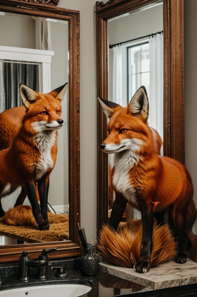 A devil looking fox infront of a mirror 